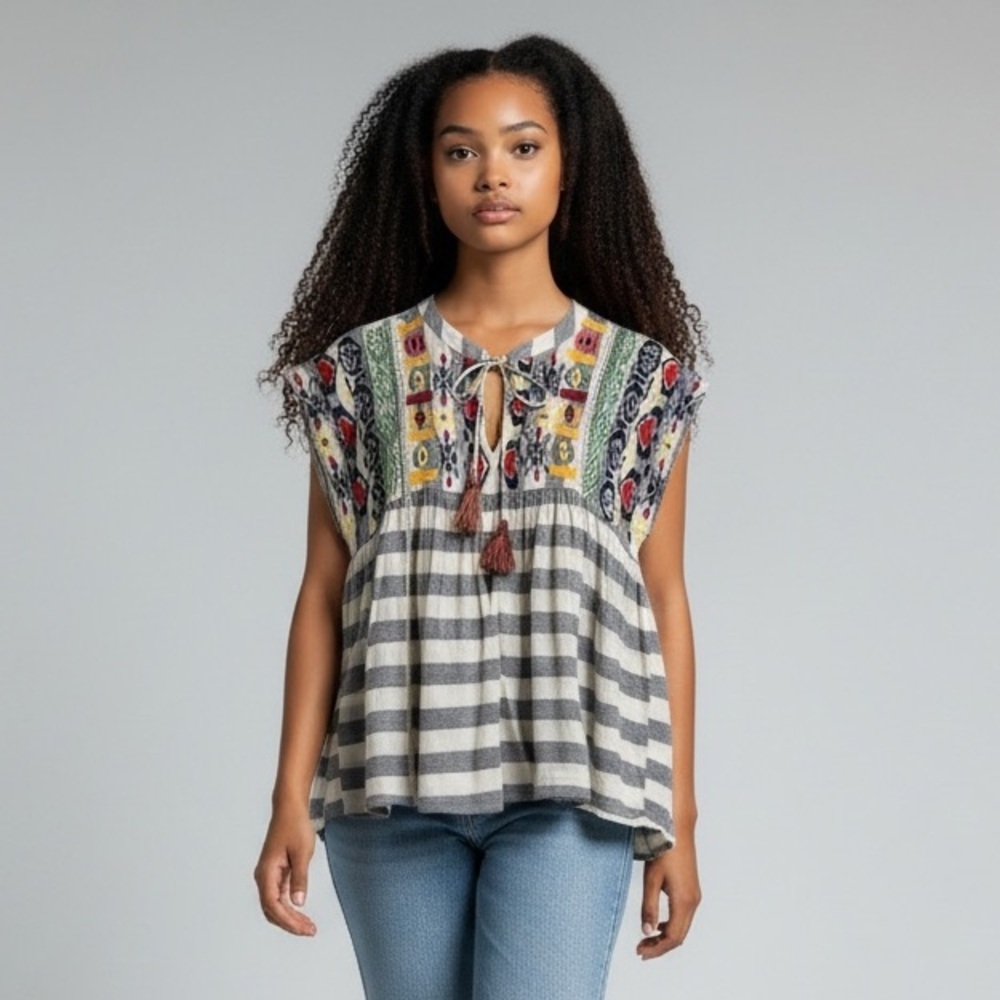 THML Multicolor Embroidered Striped oversized bohemian blouse SZ XS